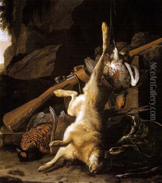 Nature Morte Au Trophee De Chasse: Lievre, Perdreau Et Faisan Oil Painting - Melchior de Hondecoeter