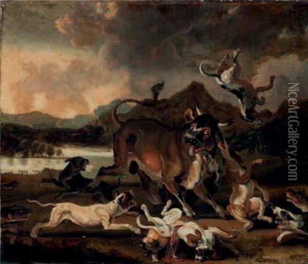 Hounds Attacking A Bull In A River Landscape Oil Painting - Abraham Hondius