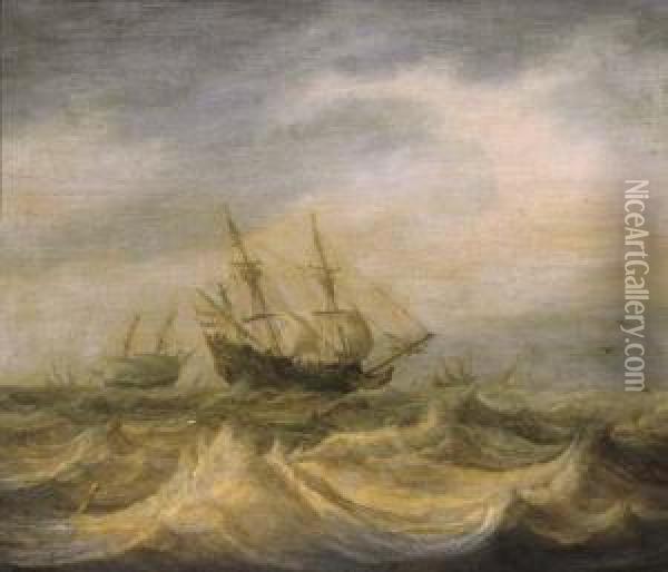 A Threemaster And Other Shipping In Choppy Waters On A Cloudy Day Oil Painting - Pieter the Younger Mulier