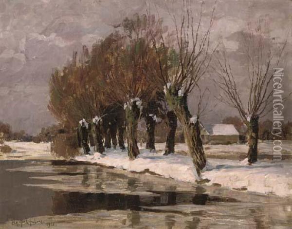 An Avenue Of Trees By A Lake In A Snowing Landscape Oil Painting - Vladimir Nikolaevich Fedorovich