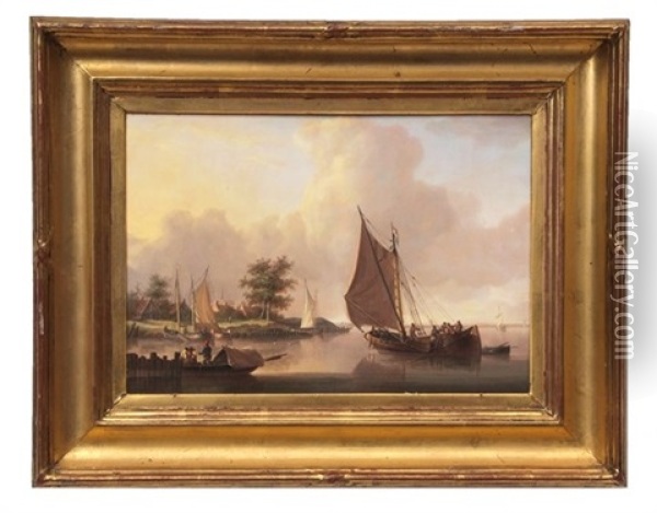 Shipping And Figures In An Estuary Oil Painting - Charles Martin Powell