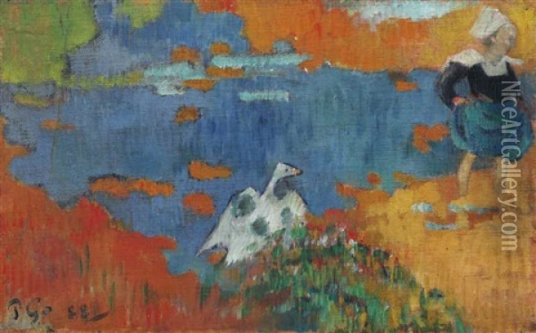 Bretonne Et Oie Au Bord De L'eau Oil Painting - Paul Gauguin