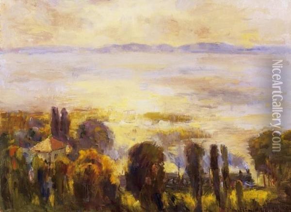 The Lake Balaton From Foldvar With A Smoky Train In The Foreground Oil Painting - Bela Ivanyi Grunwald