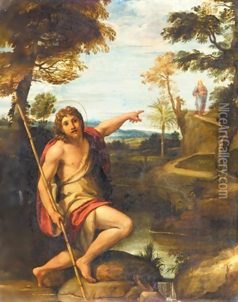 Saint John The Baptist In A Landscape Pointing At The Figure Of Christ Oil Painting - Annibale Carracci