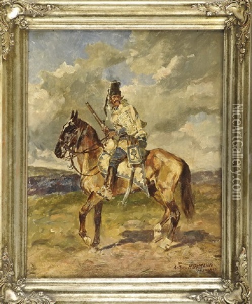 Preussischer Husar Mit Dem Koniglichen Monogramm Zu Pferde In Weiter Landschaft Oil Painting - Anton Hoffmann