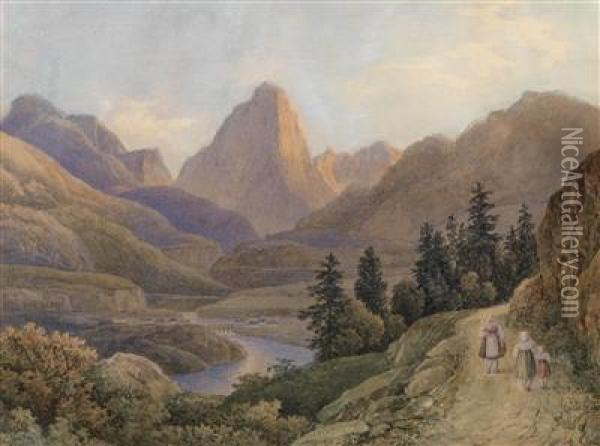 A Landscapewith A River And A Cone Shaped Mountain Oil Painting - Johann Nepomuk Schodlberger