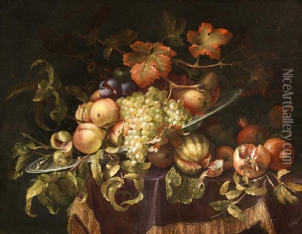 Nature Morte Aux Fruits, Sur Un Entablement Drape Oil Painting - Gerard Goswin