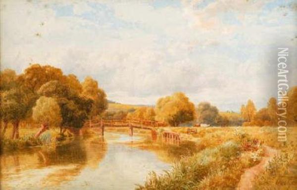 River Scene With Cattle Crossing A Bridge Oil Painting - Thomas Pyne
