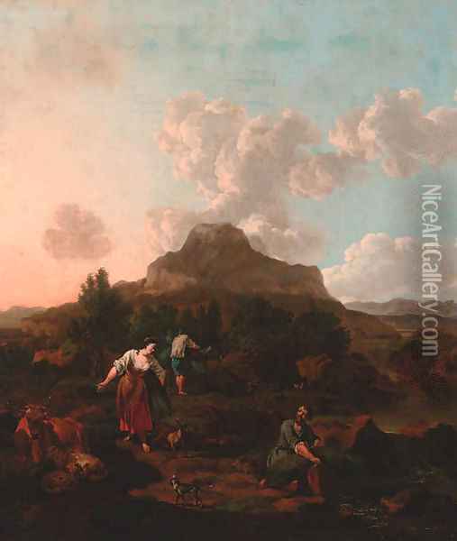 A rocky Italianate landscape with harvesters, cattle, and a dog by a stream Oil Painting - Jan Van Der Bent
