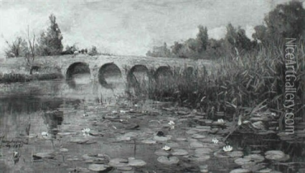 Waterlillies By A Bridge Oil Painting - David Farquharson