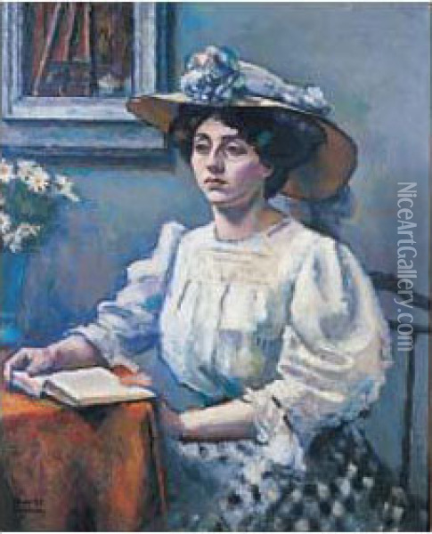 Jeune Femme Au Livre, Circa 1907 Oil Painting - Charles Francois Prosper Guerin