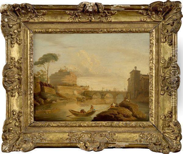 Pecheurs Sur Le Tibre, Le Chateau Saint Ange Et Saint-pierre Oil Painting - Claude-joseph Vernet