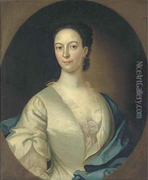 Portrait of a lady, bust-length, in a white dress and blue wrap, feigned oval Oil Painting - Joseph Highmore