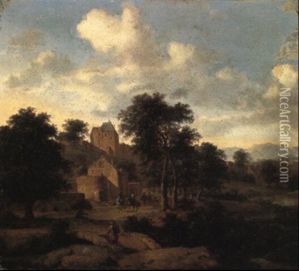 A Hawking Party On A Path In A River Valley Below A Fortified Town Oil Painting - Jan Van Der Heyden