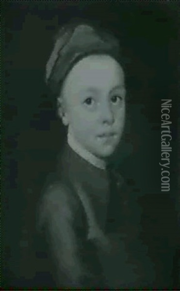 Portrait Of A Young Boy, Bust Length, In A Brown Jacket     And Blue Cap Oil Painting - Thomas Beach