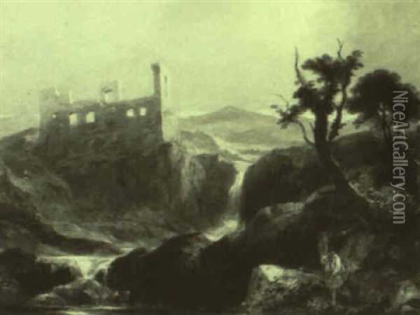 Landscape With Castle And Ruin And A Fisherman Oil Painting - James Baker Pyne