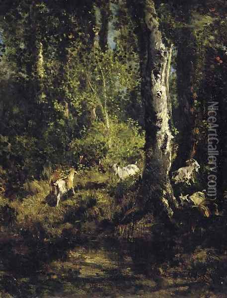 Goats Grazing in a Forest Landscape Oil Painting - Giuseppe Palizzi