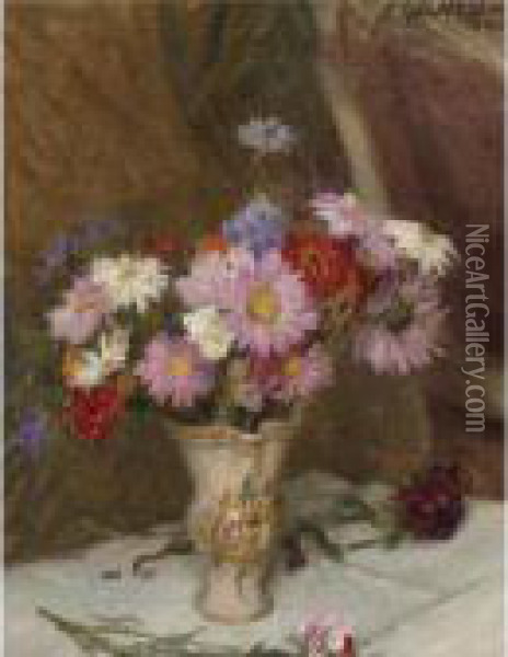 Still Life With Michaelmas Daisies And Cornflowers In A Jug Oil Painting - George Clausen