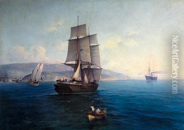 Sailing Ship And Steamer Oil Painting - Ioannis Poulakas