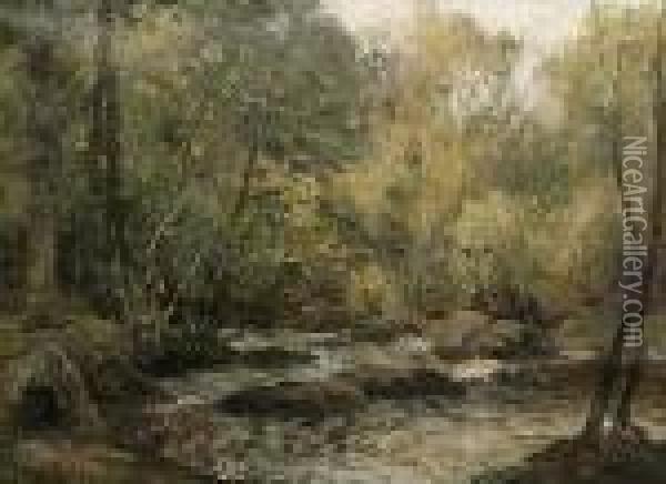 A River Running Through Trees Oil Painting - John Noble Barlow