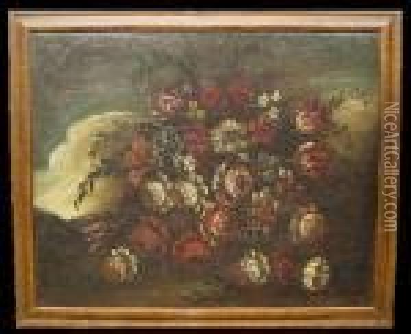 Still Life With Flowers In A Landscape Oil Painting - Elisabetta Marchioni Active Rovigo