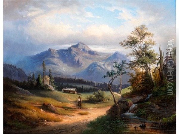 Alpenlandschaft Mit Unter Wolken Hochsteigendem Gebirgszug Oil Painting - Alexandre Calame