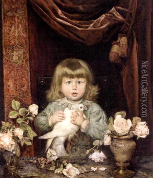 Nina Con Paloma (girl With A Dove) Oil Painting - Ignacio de Leon Escosura