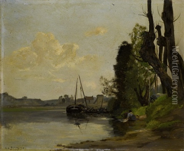 Baumbestandenes Flussufer Mit Vor Anker Liegendem Boot Oil Painting - Hippolyte Camille Delpy