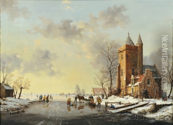 Animated Winter View With Skaters Oil Painting - Reginald Ernest Arnold
