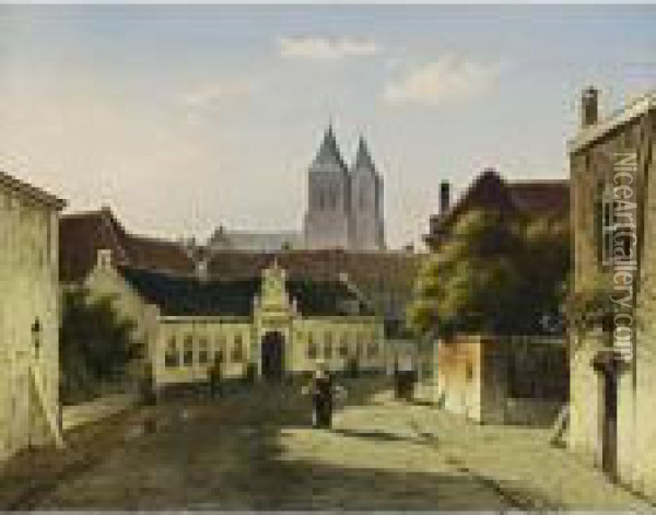 A View Of The St. Catherine 
Hospital In The Beekstraat In Arnhem, With The Walburg Church In The 
Background Oil Painting - Jan Weissenbruch