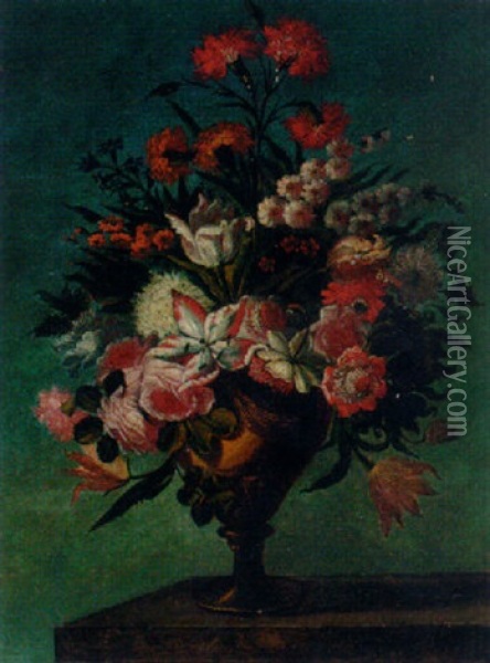 Flowers In An Urn On A Ledge Oil Painting - Baldassare De Caro