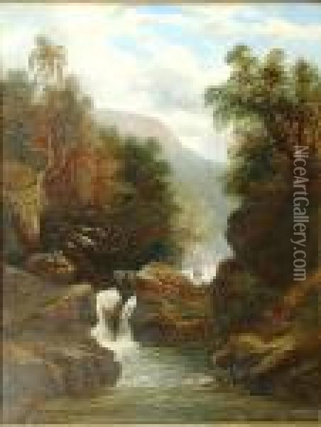 A Waterfall Scene Oil Painting - William Mellor