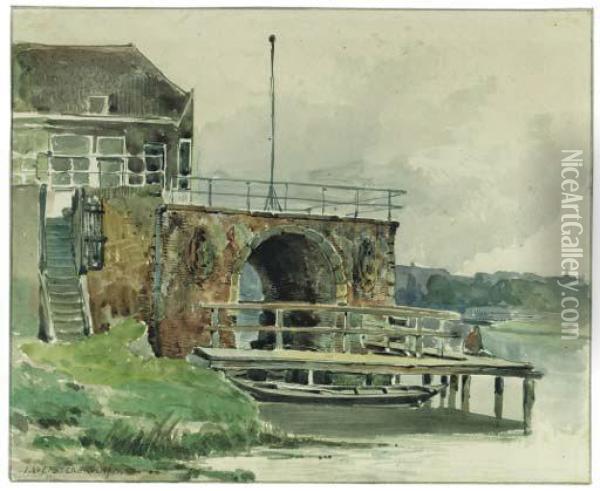 A Fragmentary Bridge With A 
Tollhouse And A Landing Bridge (recto);a Study Of Jetty (verso) Oil Painting - Jan Hendrik Weissenbruch