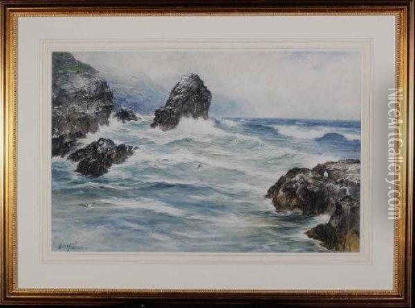 A Rocky Coastal Scene Oil Painting - Thomas Swift Hutton