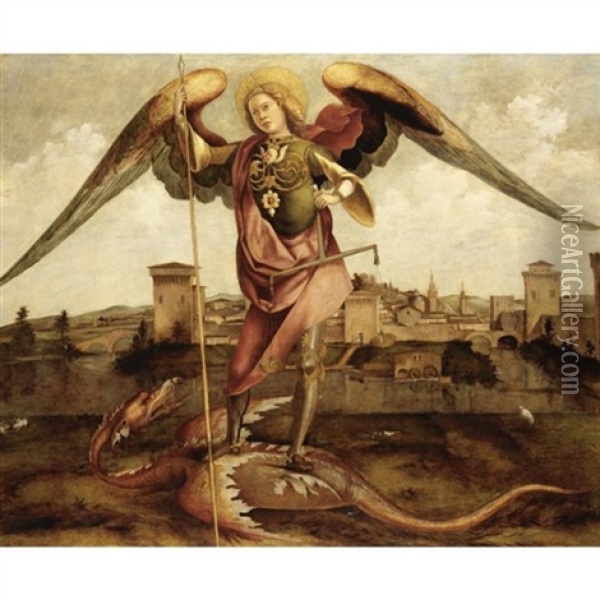 L'arcangelo Michele, Una Citta Sullo Sfondo Oil Painting - Lazzaro di Jacopo Bastiani