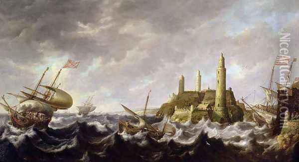 Seascape with a Lighthouse Oil Painting - Bonaventura, the Elder Peeters