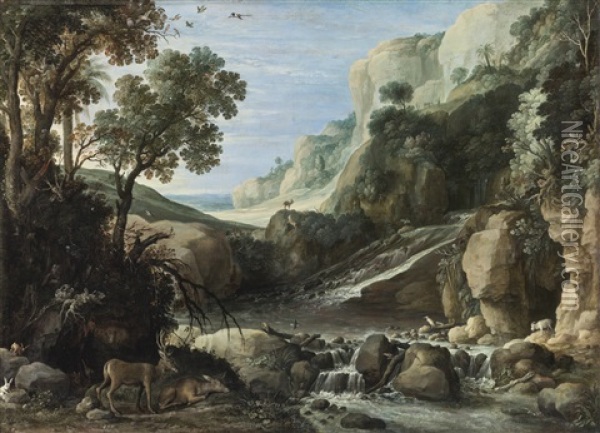 Mountainous Landscape With Wildlife Around A Cascade Oil Painting - Paul Bril