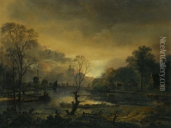 A River Landscape At Sunset With Fishermen Drawing In Their Net In The Foreground, Windmills Beyond Oil Painting - Aert van der Neer