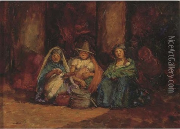 Indian Women Selling In A Market Place, Mexico Oil Painting - Mortimer Luddington Menpes