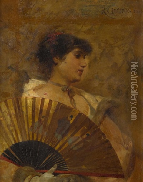 A Young Woman With Japanese Fan Oil Painting - Raphael von Ambros
