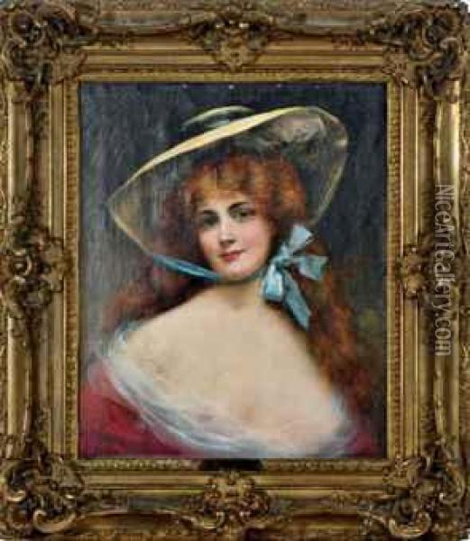 Portrait Of A Red Headed Beauty Wearing A Bonnet Oil Painting - Auguste Emile Bellet