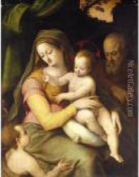 The Holy Family With The Infant Saint John The Baptist Oil Painting - Giovanni Battista Ii Ramenghi Il Bagnacavallo
