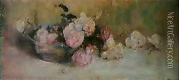 Peony Roses In A Glass Bowl Oil Painting - Clara Southern