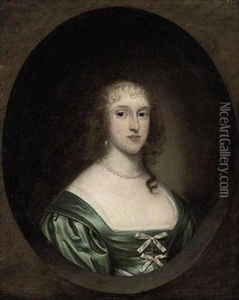 Portrait Of A Lady, 
Traditionally Identified As Lady Bowyer (d. 1665), Bust-length, In A 
Green Dress With Ribbons And A Pearl Necklace, In A Sculpted Cartouche Oil Painting - Cornelius Jonson