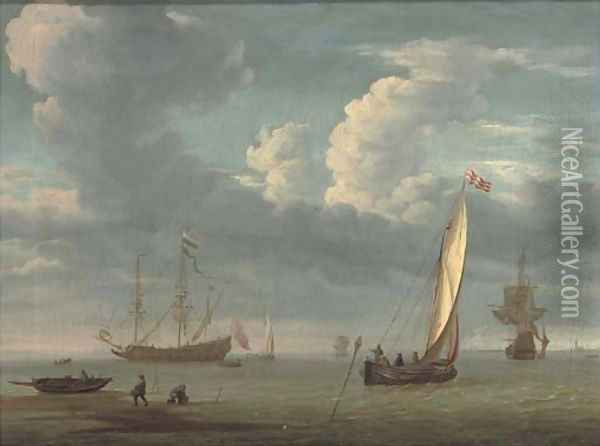 Fishermen collecting lobster pots with a fishing boat in calm waters, warships beyond Oil Painting - Willem Van De Velde