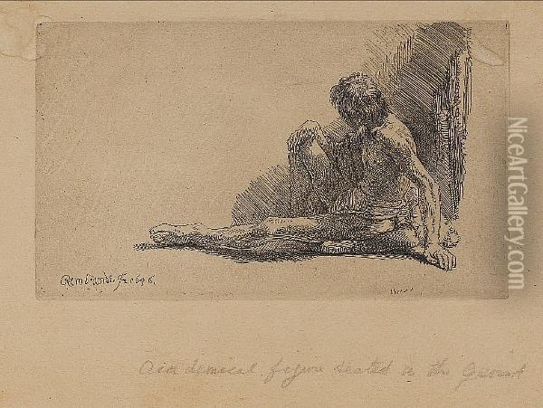 Nude Man Seated On The Ground With One Leg Extended (bartsch 196) Oil Painting - Rembrandt Van Rijn