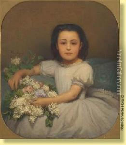 Portrait De Jeune Fille Au Bouquet De Fleurs Oil Painting - Eugene Verdyen