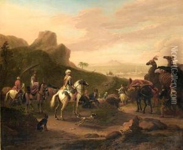 An Eastern Landscape With Travellers Heading For A City In The Distance Oil Painting - Willem Schellinks
