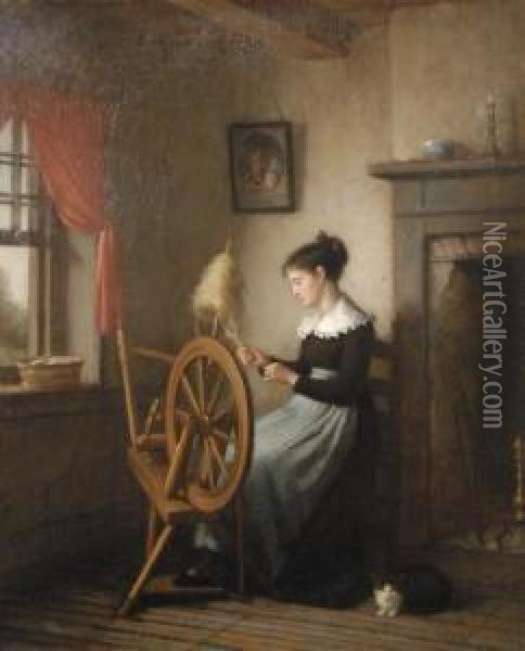 Woman At Spinning Wheel Oil Painting - Platt Powell Ryder
