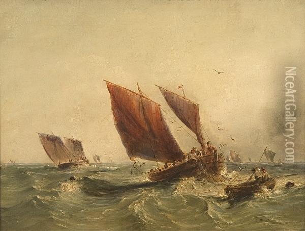 Fishing Boats At Sea Oil Painting - William Clarkson Stanfield